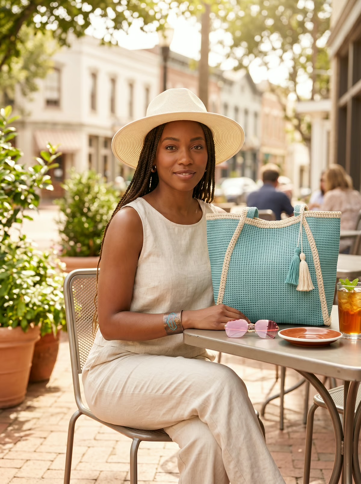 Woman in ivory linen at a downtown bistro wearing a wide straw hat and a turquoise statement cuff, with a seafoam crochet tote and rose sunglasses on the table.