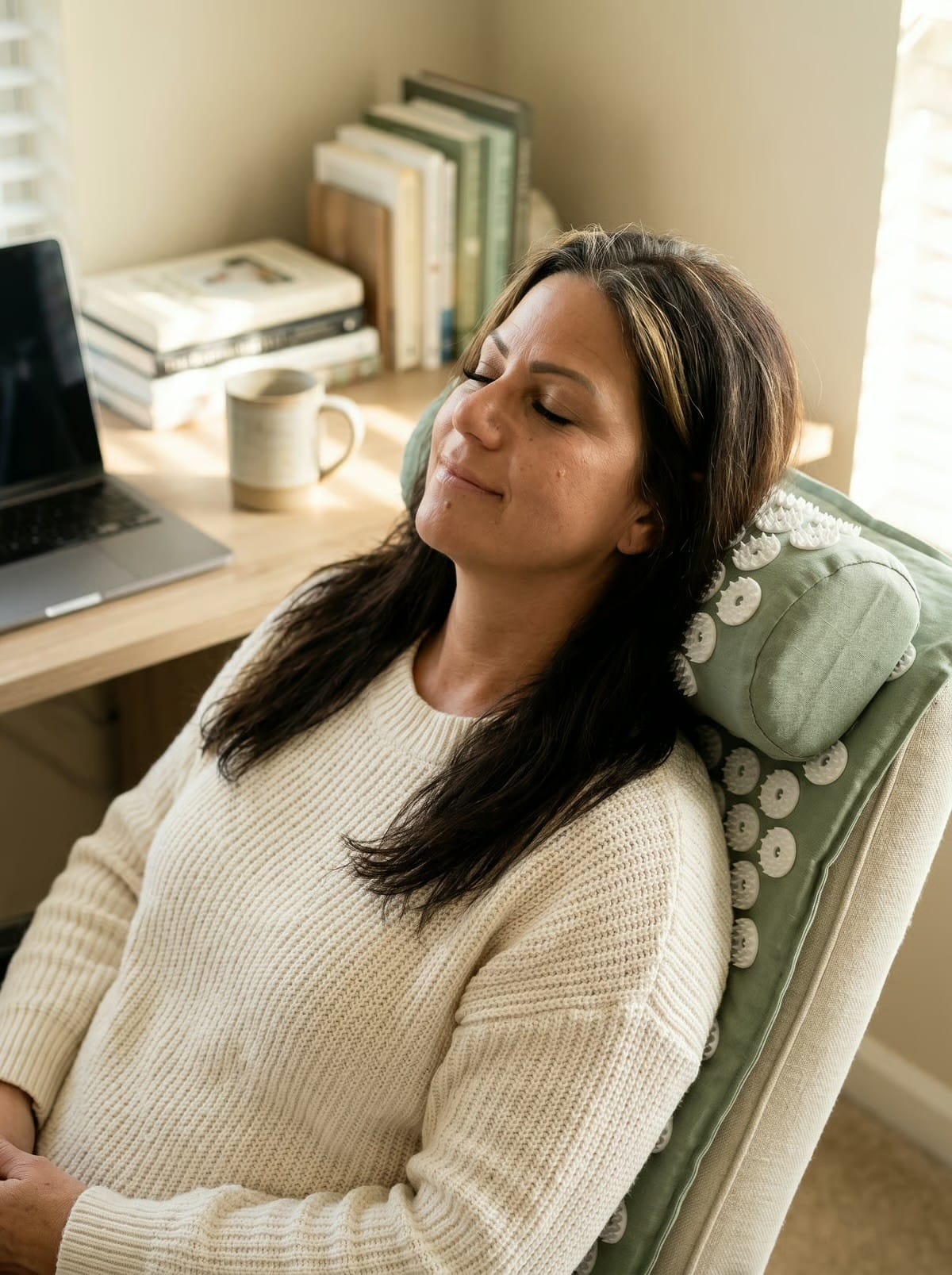 A woman resting her head back against a sage-green acupressure pillow at her desk, eyes closed in a small moment of calm.