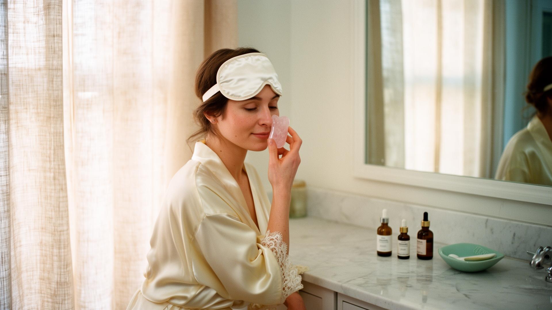 Woman in a cream silk robe at a sunlit vanity pressing a rose quartz gua sha to her cheek, with serums and a silk eye mask on a marble tray.