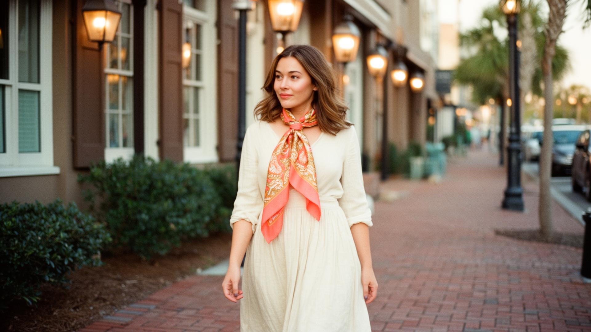 Woman in a camel coat and silk coral-and-gold scarf crossing a brownstone street at dusk with warm streetlamps behind her.