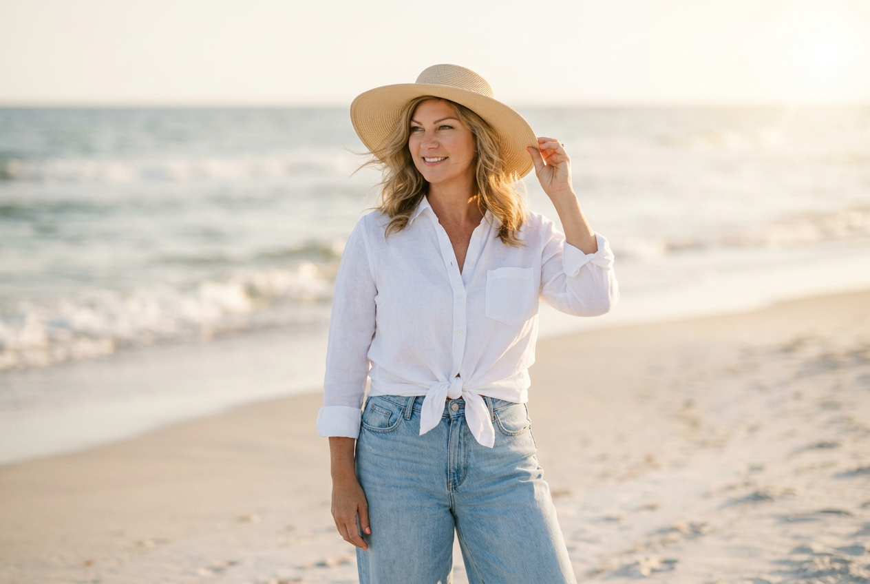 Blonde woman walking barefoot along a Gulf Coast shoreline at golden hour in a flowing white linen dress, with wind tousling her hair and soft waves behind her.