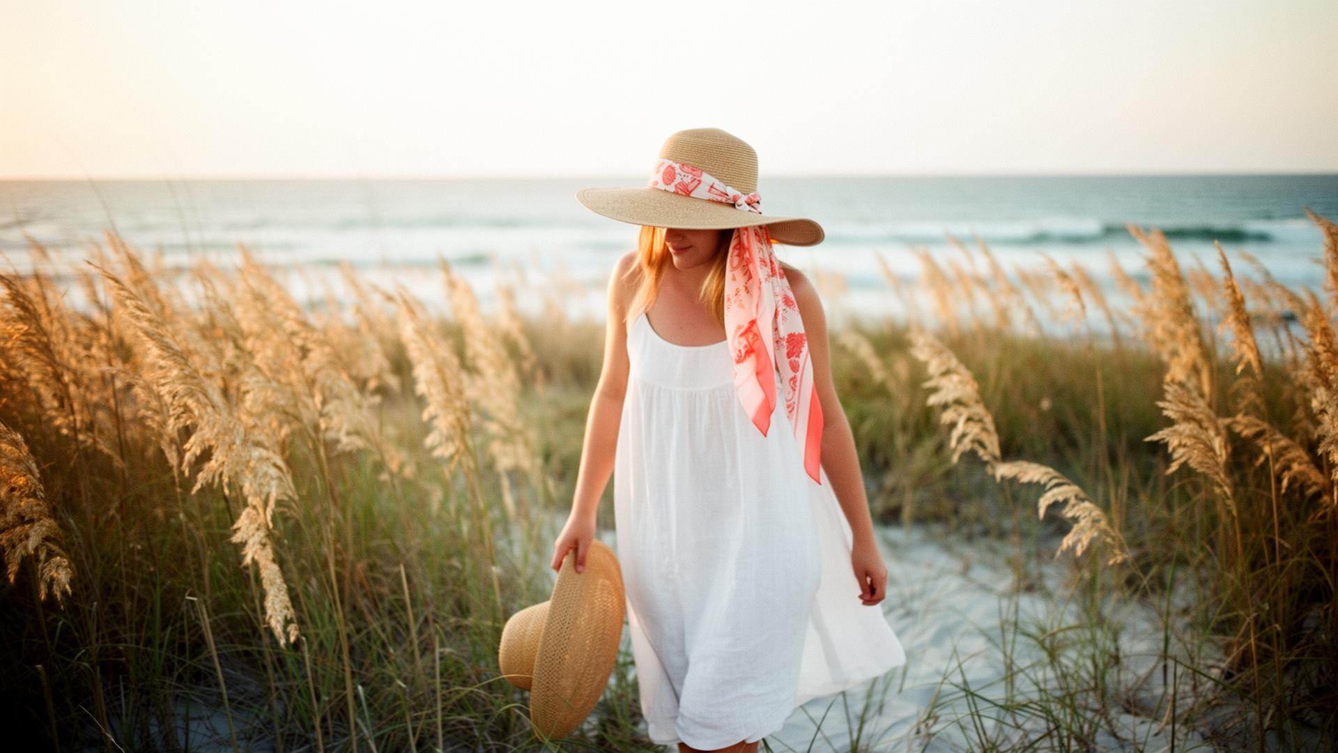 Woman in a white linen sundress walking through golden sea oats at sunset, holding a wide-brim straw hat tied with a coral-and-ivory silk scarf.
