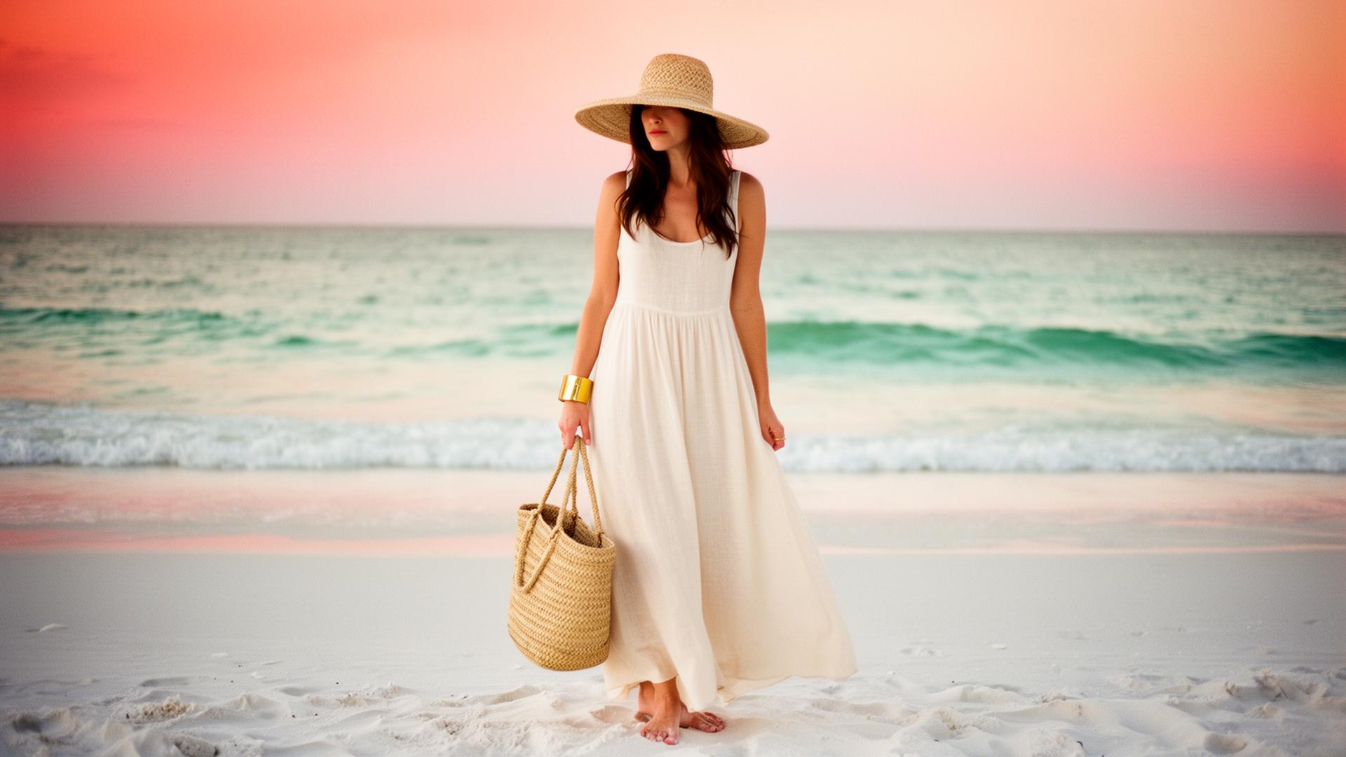 Woman in an ivory linen maxi dress on a Gulf Coast beach at golden hour, wearing a wide-brim straw sun hat and a hammered gold cuff bracelet, carrying a hand-woven straw tote.