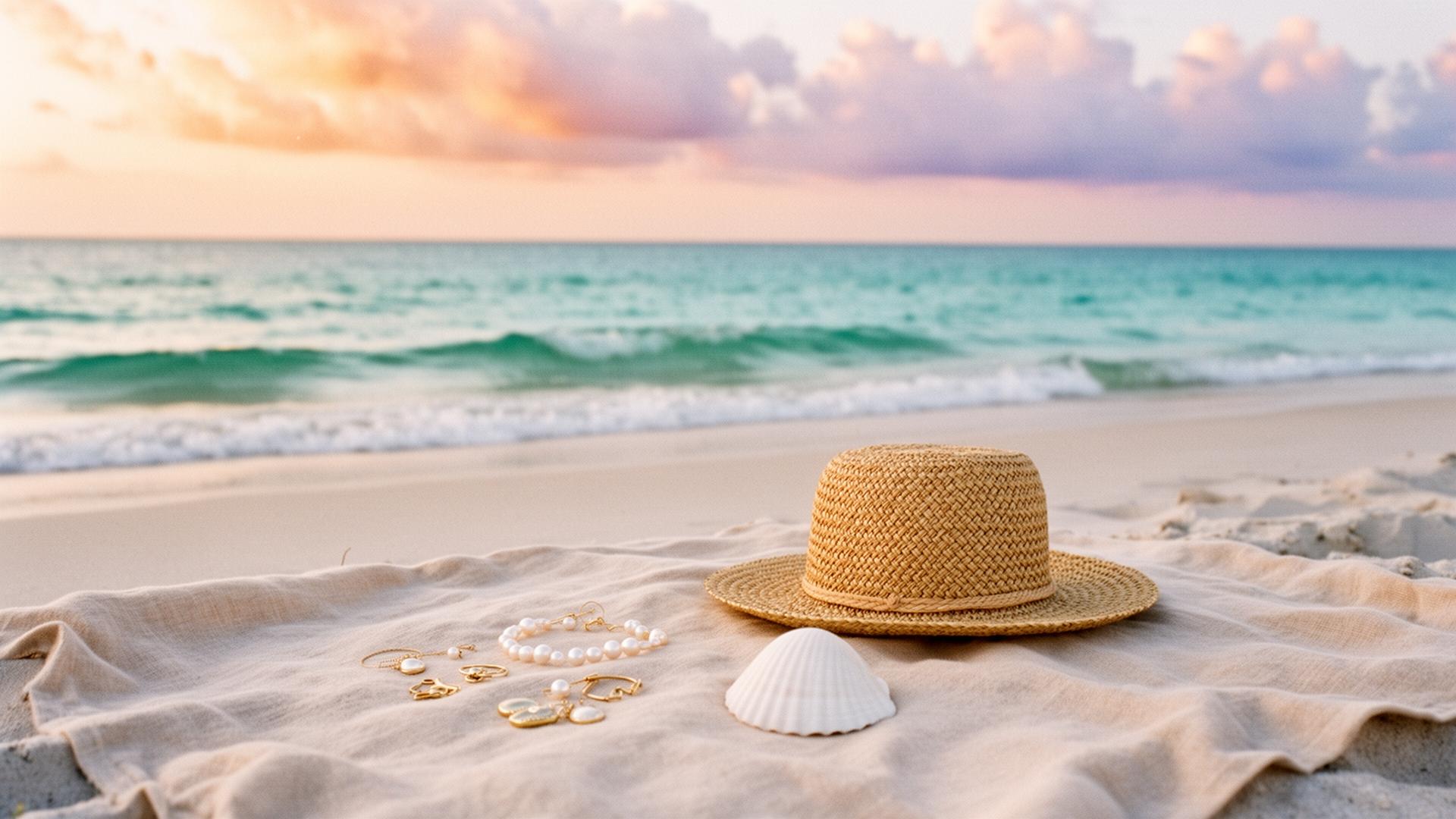 A golden-hour Gulf Coast shoreline with delicate gold and pearl jewelry, a straw hat, and a white seashell resting on a linen blanket in the sand.