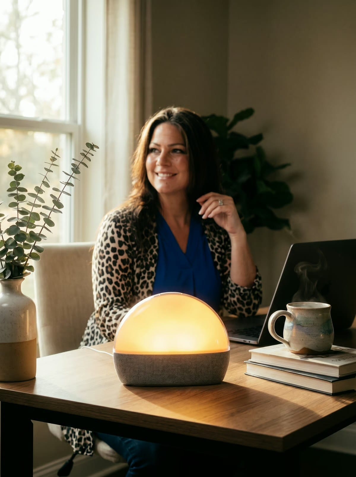 A woman smiling at her sunlit desk beside a glowing sunrise lamp, eucalyptus branches and a steaming stoneware mug — a gentle start to the day.