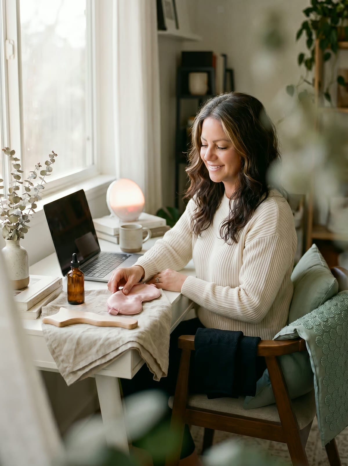 A woman smiling at her sunlit desk in a cream knit sweater with a sunrise lamp, pink silk sleep mask, amber essential-oil bottle, and wooden massage tool — a quiet midday pause.